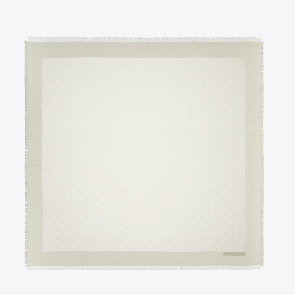 Tory Burch Logo Jacquard Traveler Silk and Wool Scarf in New Ivory - Picture 5 of 9